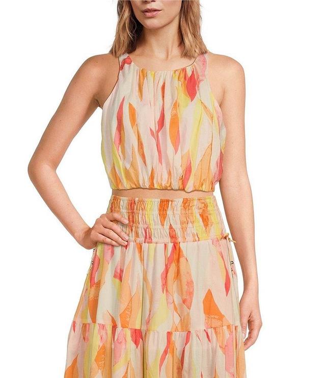 ELAN Abstract Print Halter Neck Sleeveless Coordinating Cropped Top Product Image