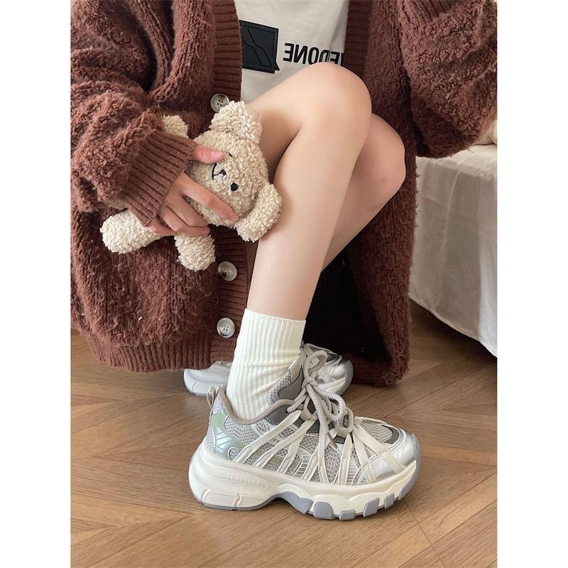 Striped Lace-Up Platform Sneakers Product Image