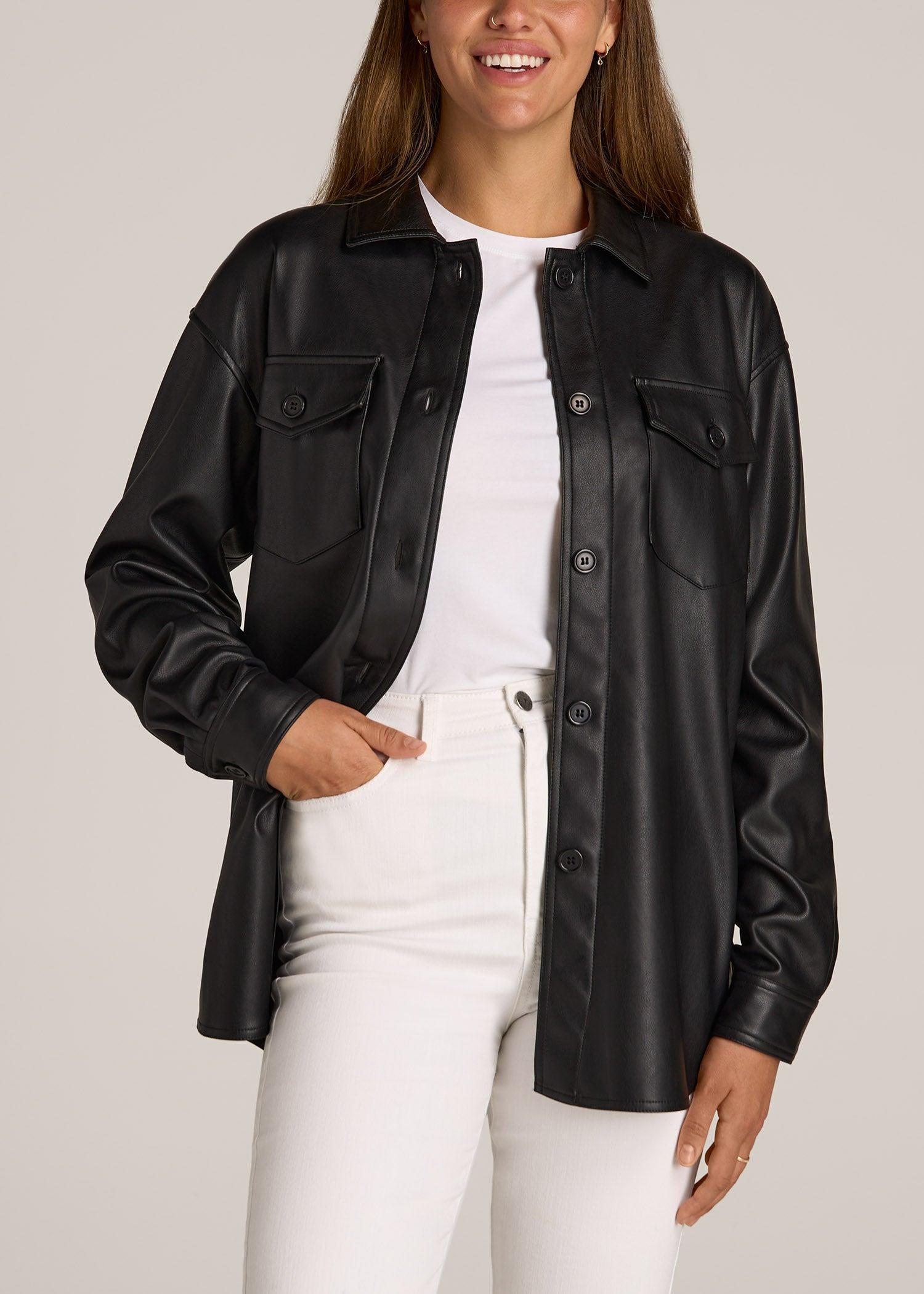 Faux Leather Shirt Jacket for Tall Women in Black Product Image