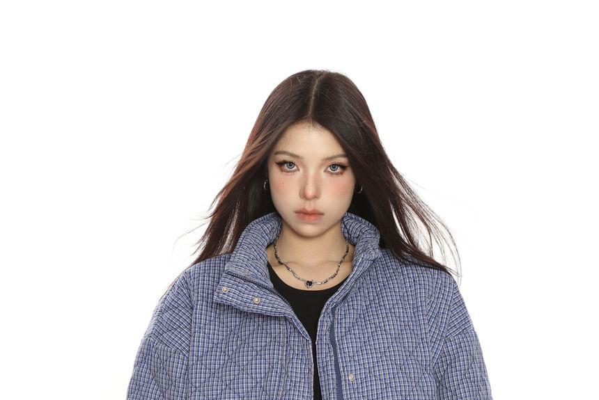 Stand Collar Plaid Zip Puffer Jacket Product Image