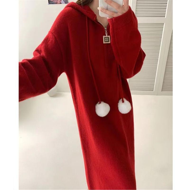 Long Sleeve Plain Pom Pom Hooded Half Zip Midi Loose Fit Sweater Dress Product Image