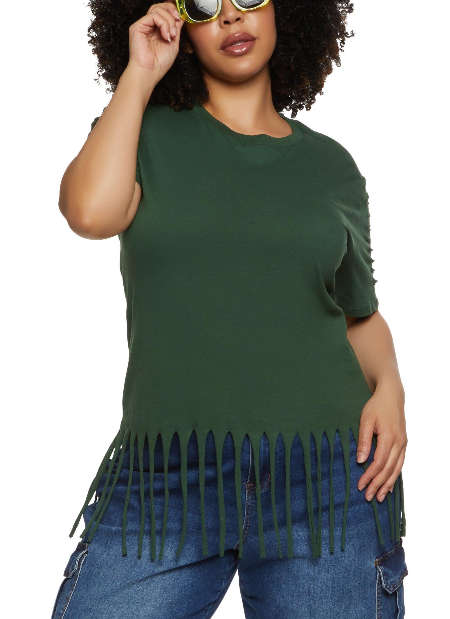 Womens Plus Size Laser Cut Fringe Hem Tee Product Image