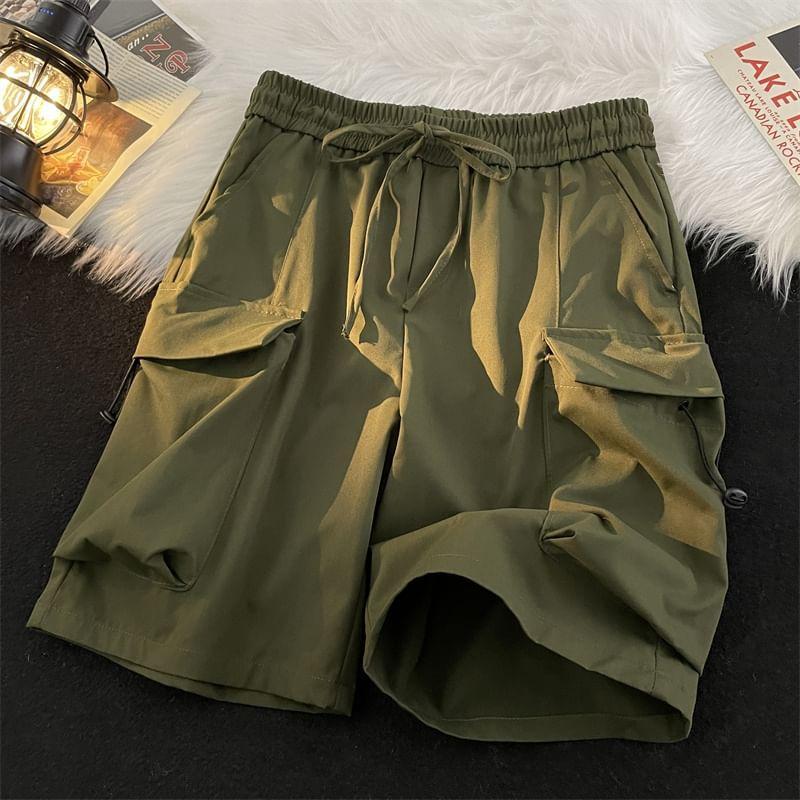 Mid Rise Plain Drawstring Cargo Shorts Product Image