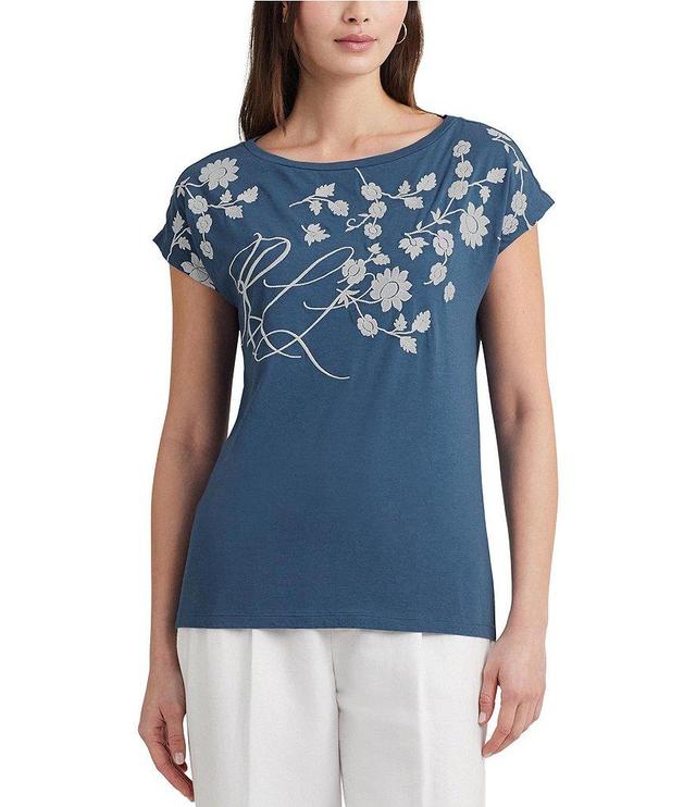 Lauren Ralph Lauren Floral Embroidered Boat Neck Short Sleeve Jersey Tee Shirt Product Image