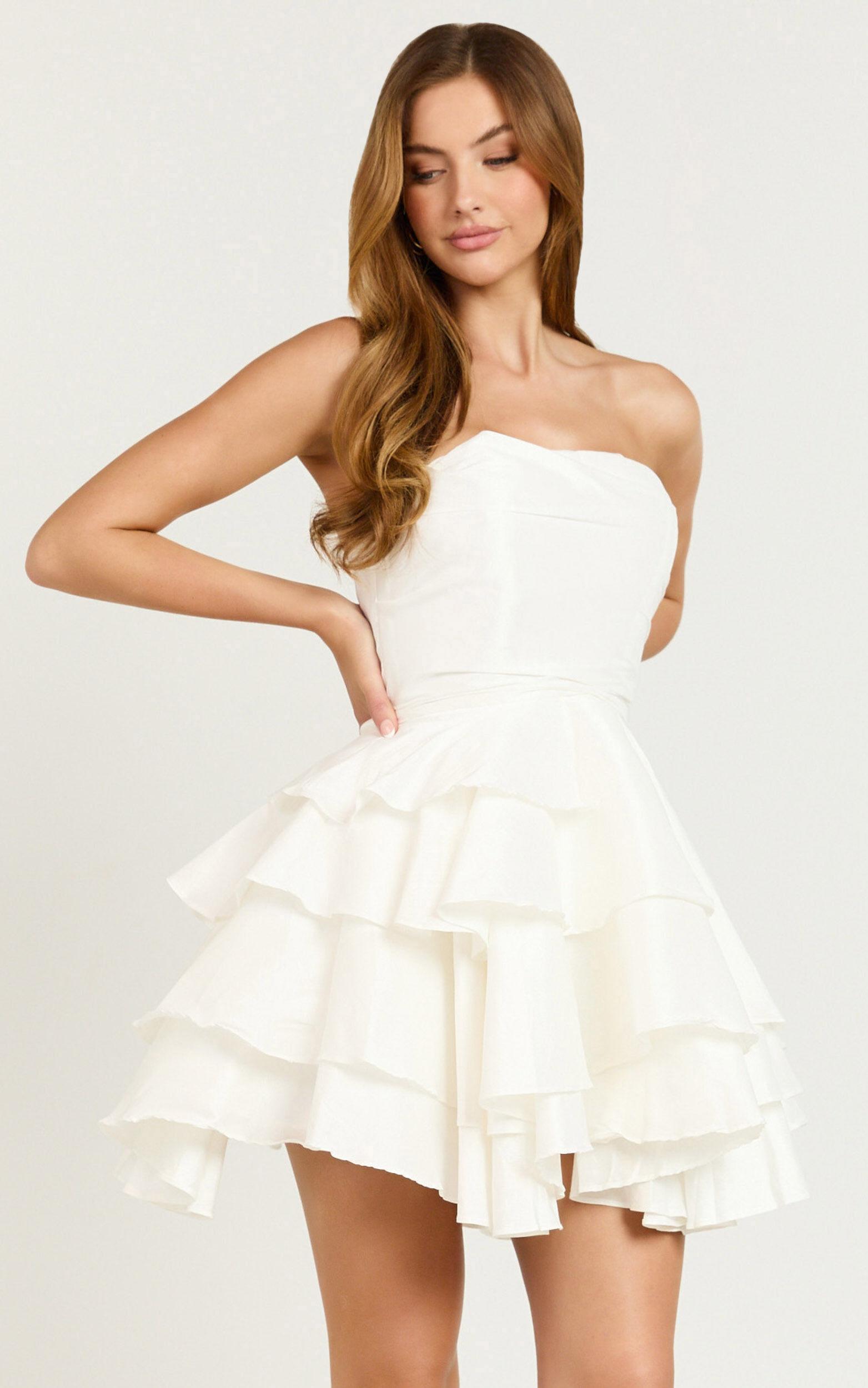 Allisyn Mini Dress - Strapless Tiered Flare Dress in White Product Image