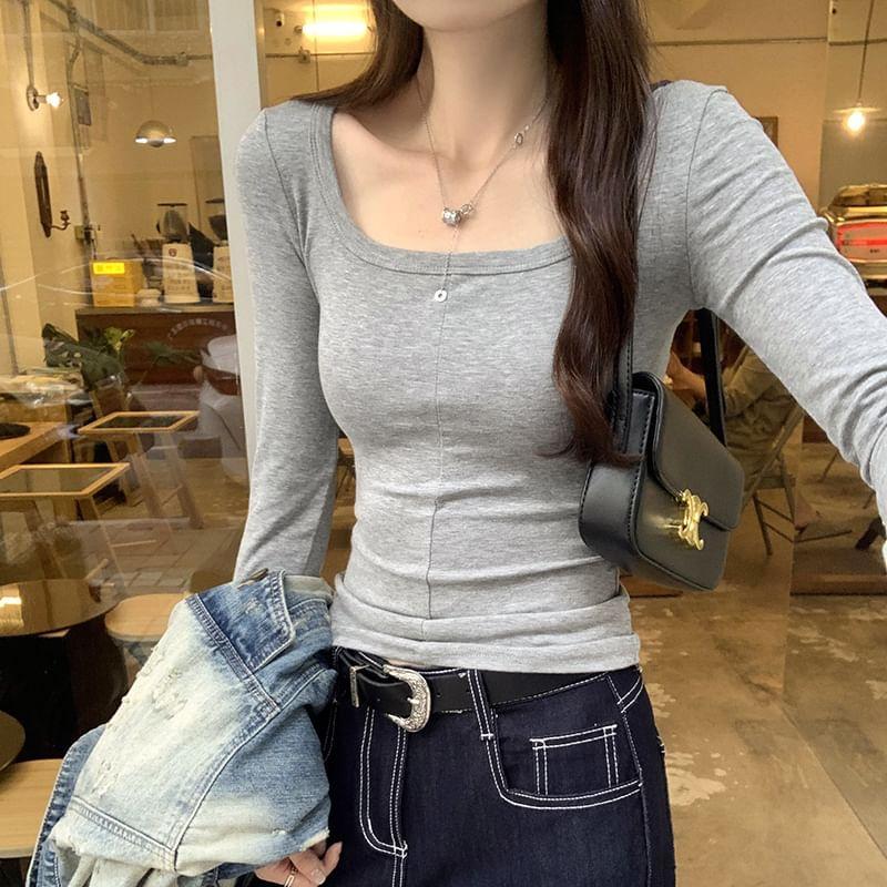 Long-Sleeve Square Neck Slim Fit T-Shirt Product Image