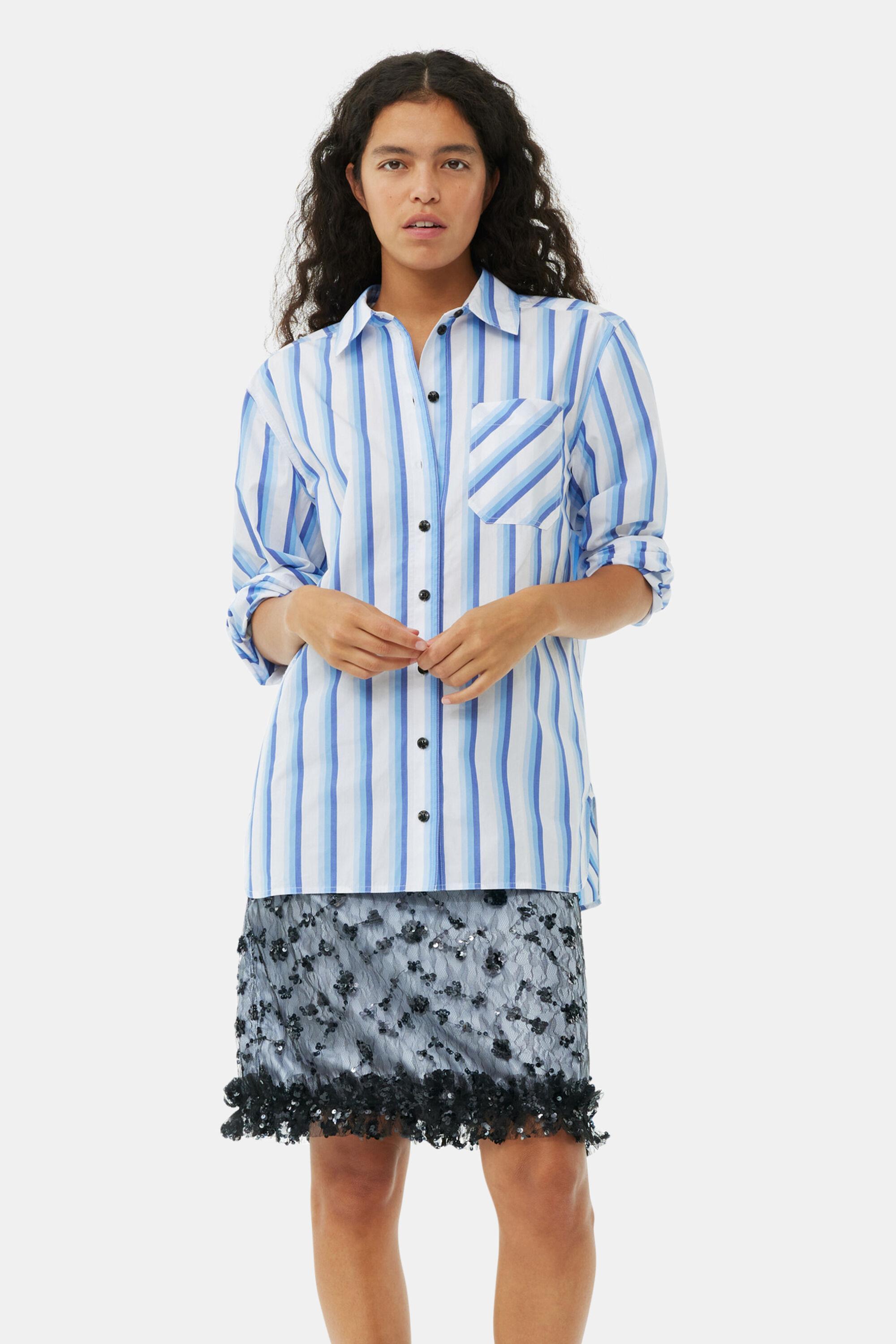 Blue Striped Cotton Oversized Shirt Product Image