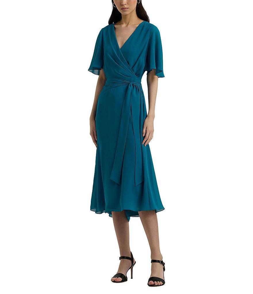 Lauren Ralph Lauren Georgette Surplice V-Neck Short Flutter Sleeve Tie Waist Midi Dress Product Image