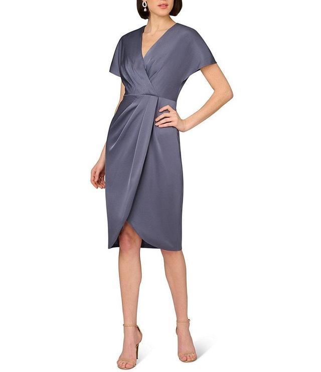 Aidan Mattox Satin V-Neck Dolman Short Sleeve Pleated Tulip Hem Dress Product Image