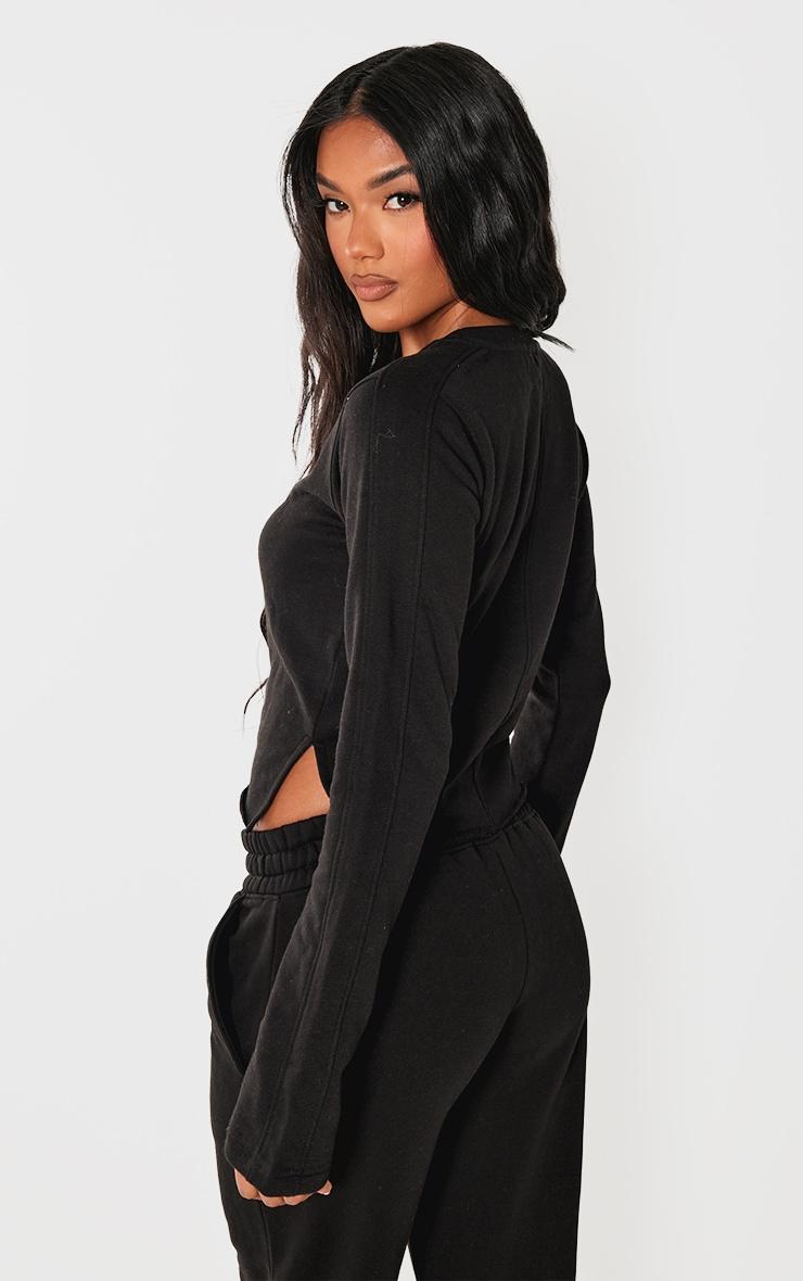 PRETTYLITTLETHING Black Embroidered Raw Hem Seam Detail Fitted Long Top Product Image