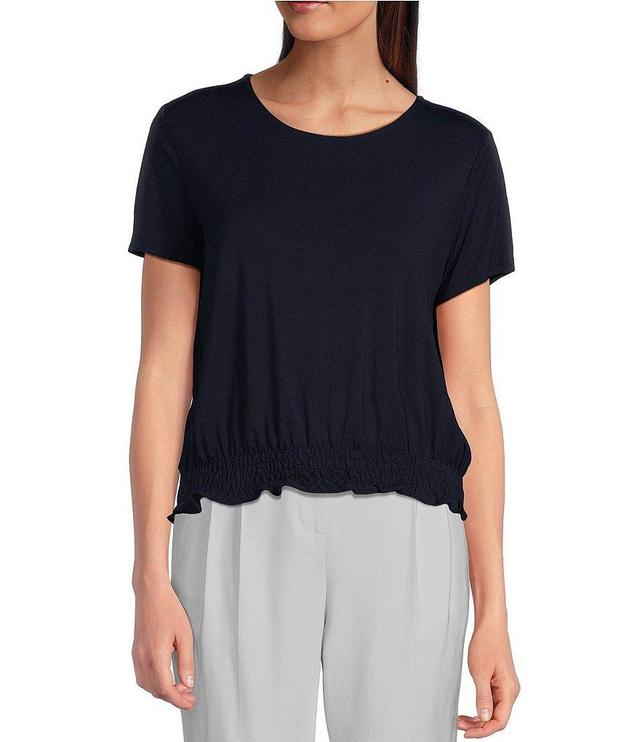 Calvin Klein Crew Neckline Short Sleeve Smocked Hem Knit Blouse Product Image