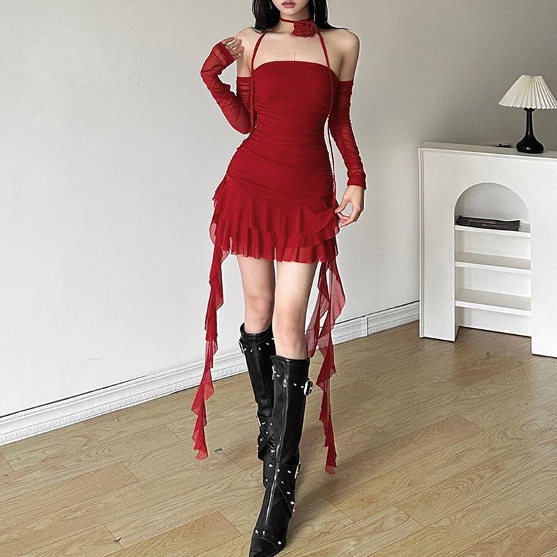 Long-Sleeve Off-Shoulder Plain Asymmetrical Ruffle Ruched Mini Bodycon Dress with Floral Choker Product Image