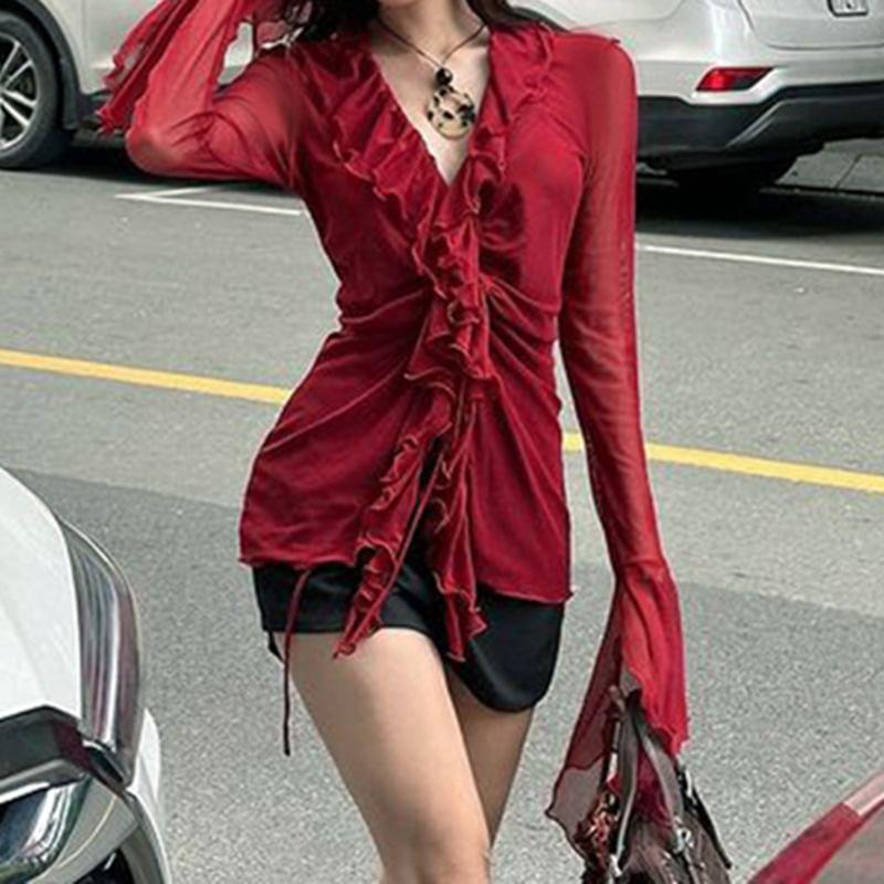 Long-Sleeve V-Neck Plain Ruffled Mesh Top Product Image