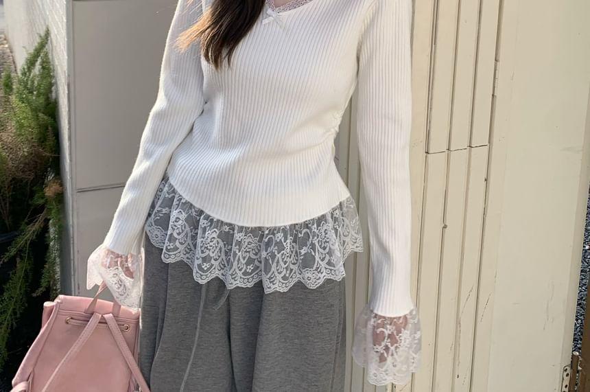 V-Neck Plain Bow Lace Trim Sweater Product Image