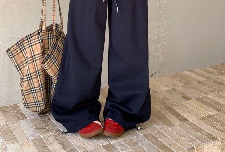 Mid Rise Plain Plaid Panel Wide Leg Pants Product Image