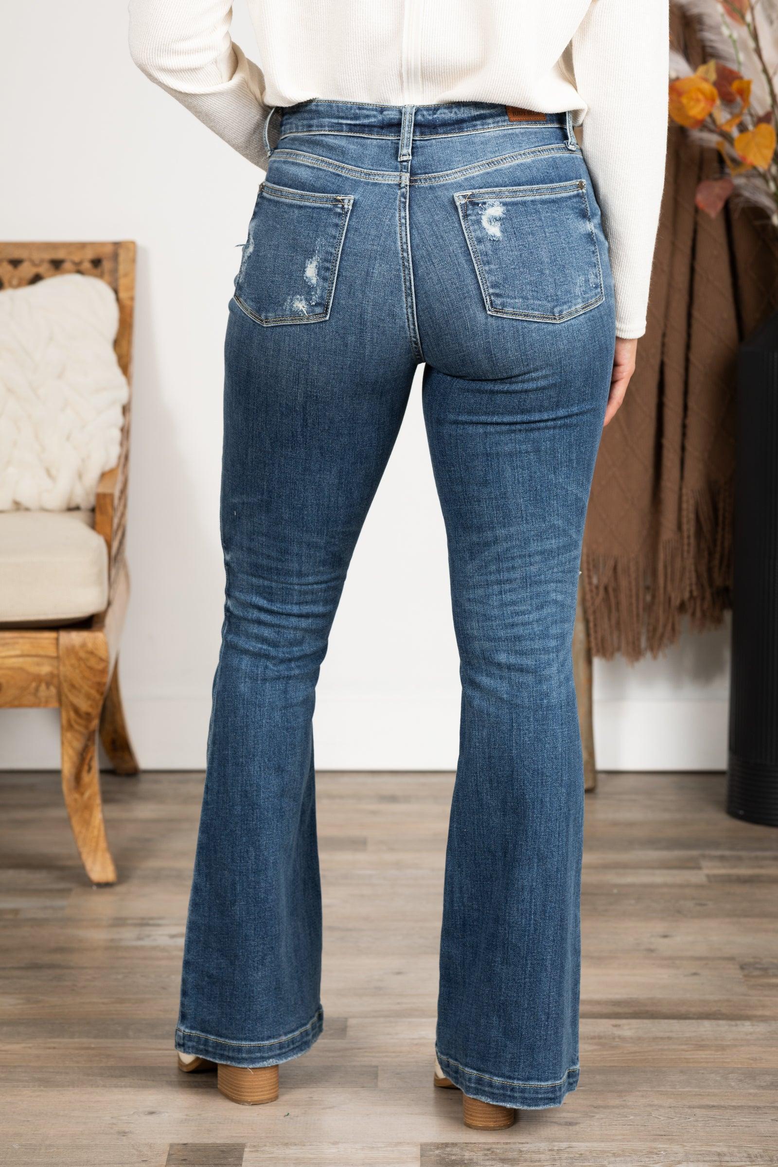 Judy Blue Mid Rise Distressed Flare Jeans Product Image