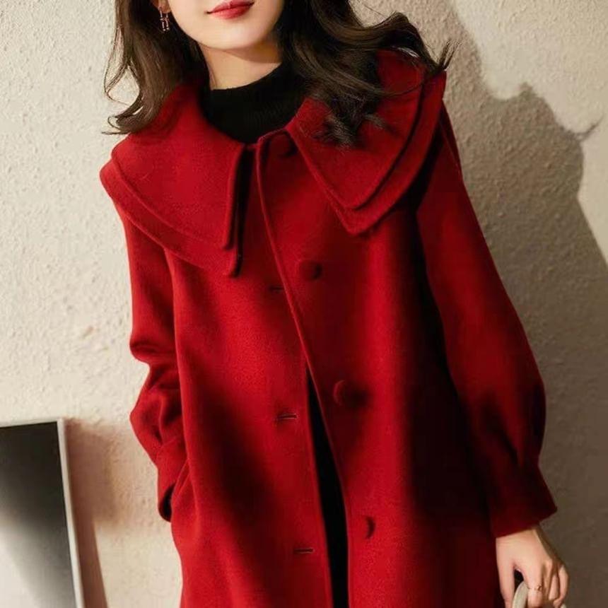 Layered Collar Plain Button Coat Product Image