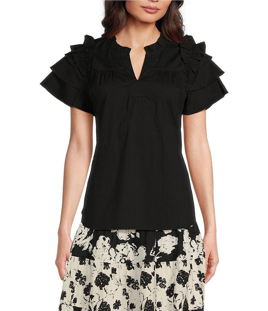 Calessa Crew Neck Ruffle Cap Sleeve Blouse Product Image