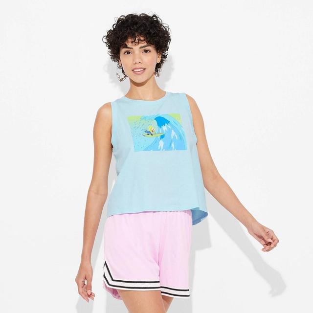 Womens SpongeBob Surfing Graphic Tank Top - Light Blue Product Image