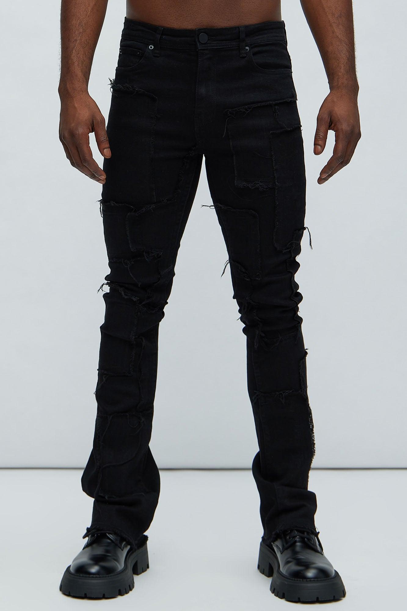 Frayed Patches Stacked Skinny Flare Jeans - Black Product Image