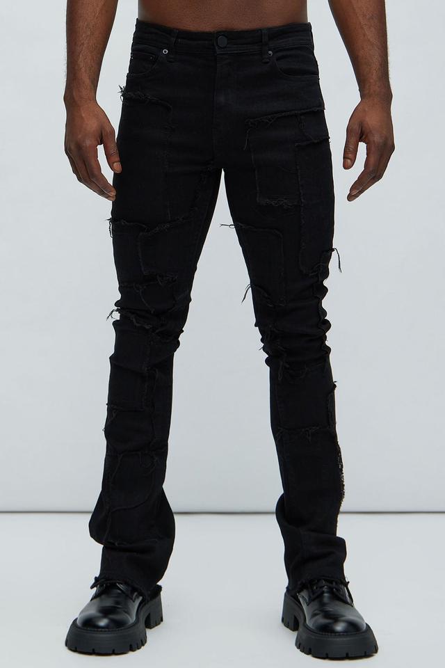 Frayed Patches Stacked Skinny Flare Jeans - Black Product Image