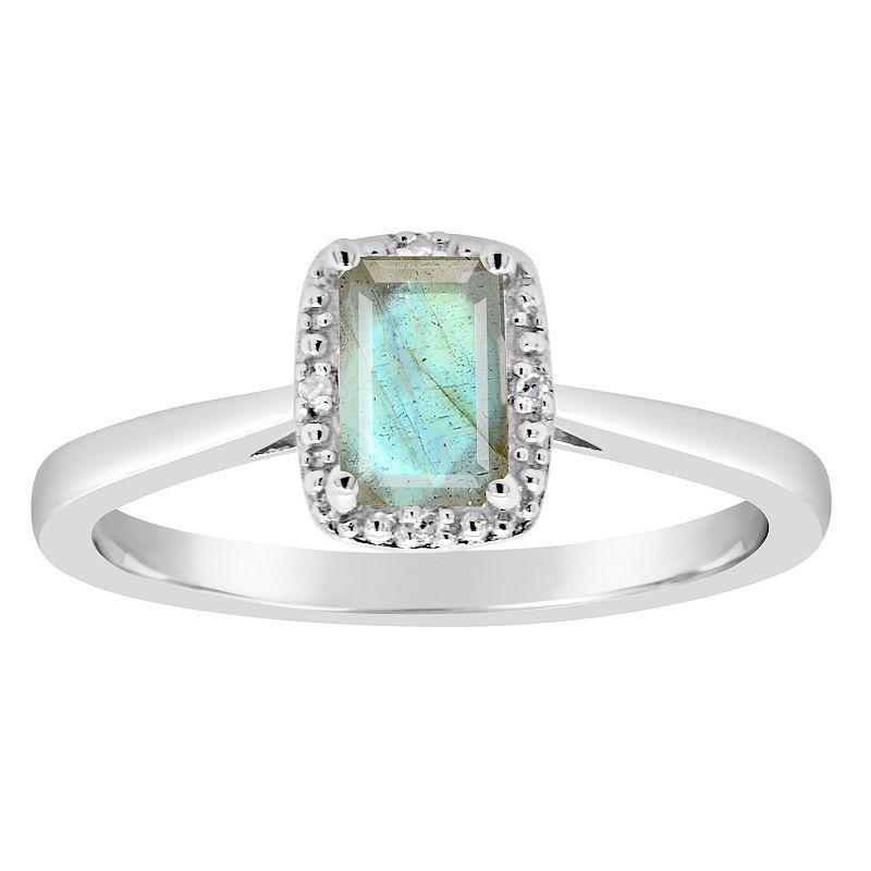 Celebration Gems Sterling Silver 6 mm x 4 mm Emerald Cut Labradorite & Diamond Accent Halo Ring, Womens Product Image