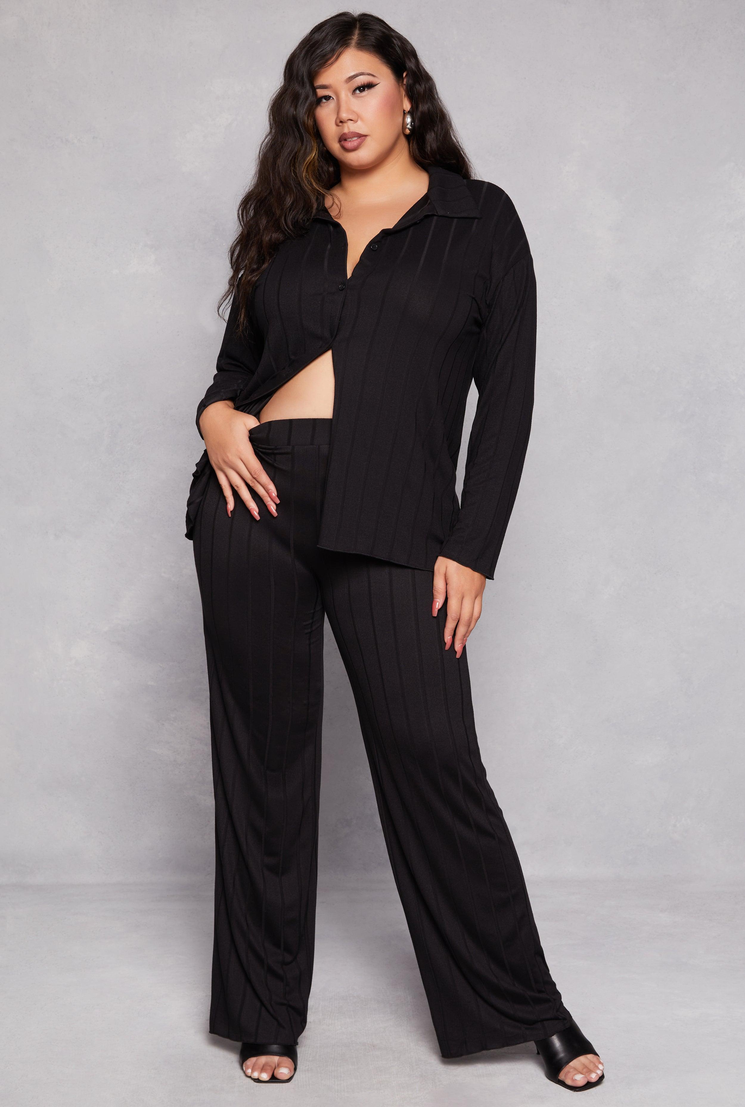 Womens Plus Size Ribbed High Waisted Palazzo Pants Product Image