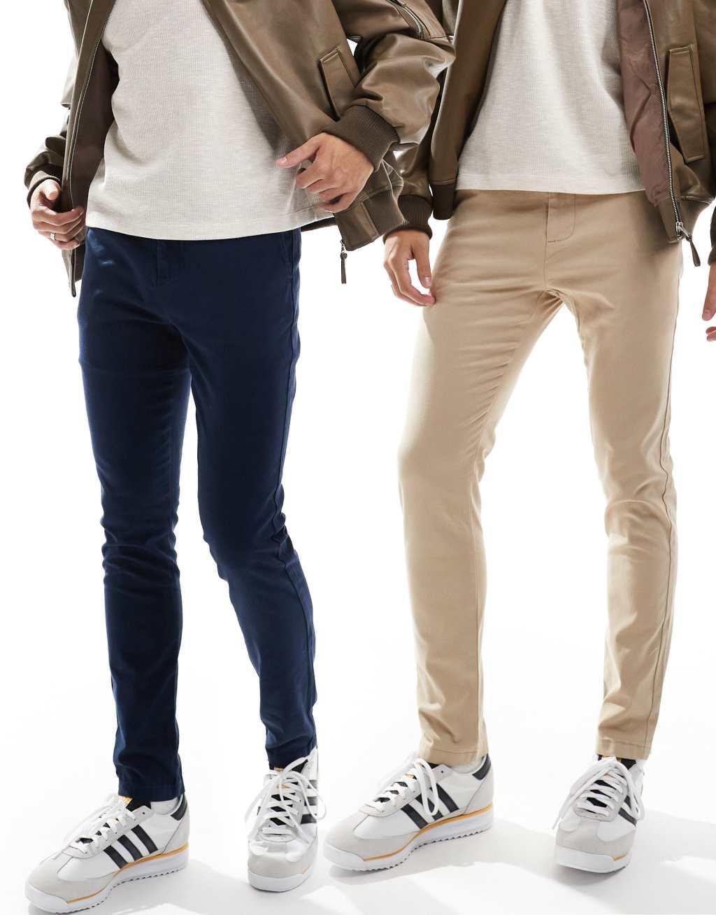 ASOS DESIGN 2 pack skinny chinos in navy and stone Product Image