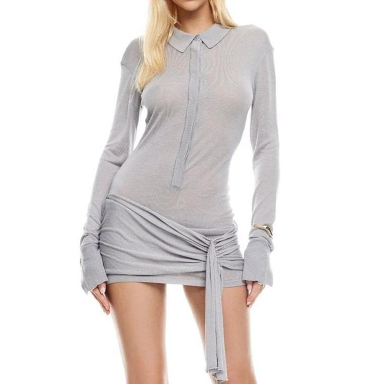 Long-Sleeve Half Buttoned Plain Mini Bodycon Dress Product Image