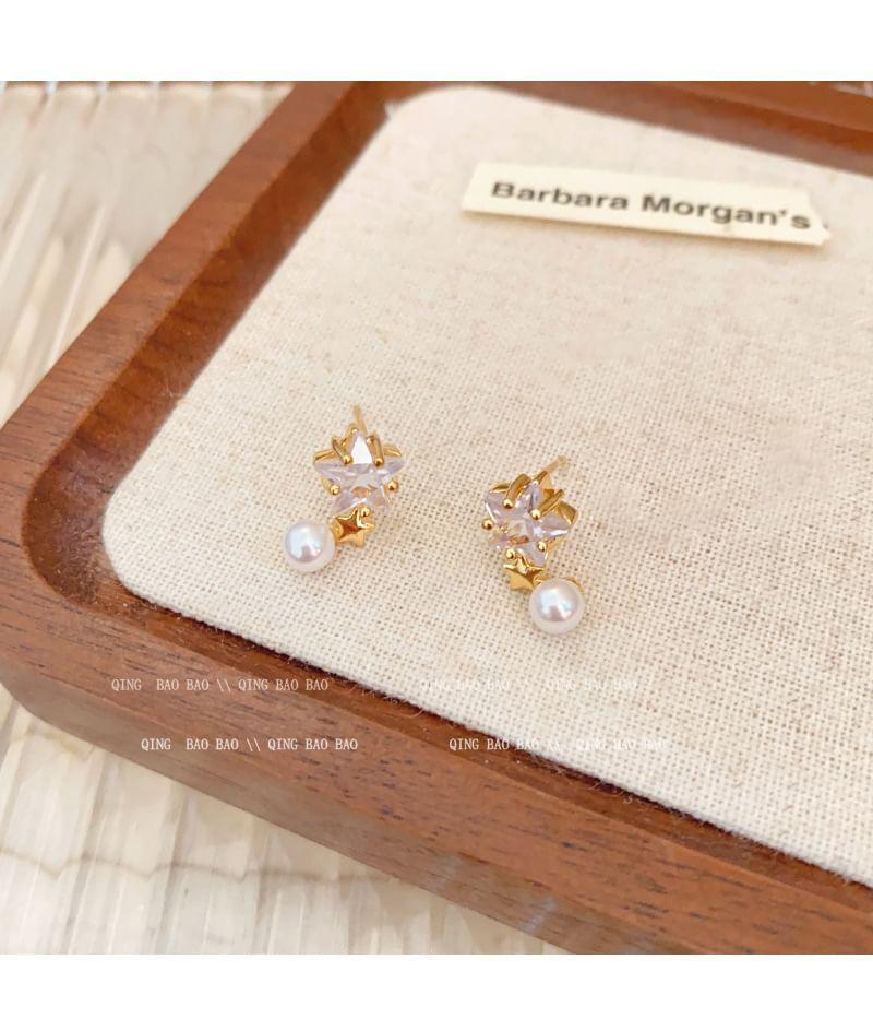 Star Rhinestone Faux Pearl Alloy Drop Earring Product Image