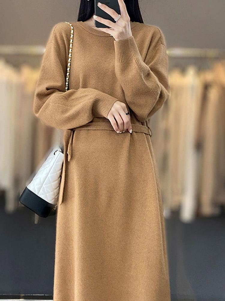 Set: Crew Neck Plain Midi Sweater Dress + Belt product image