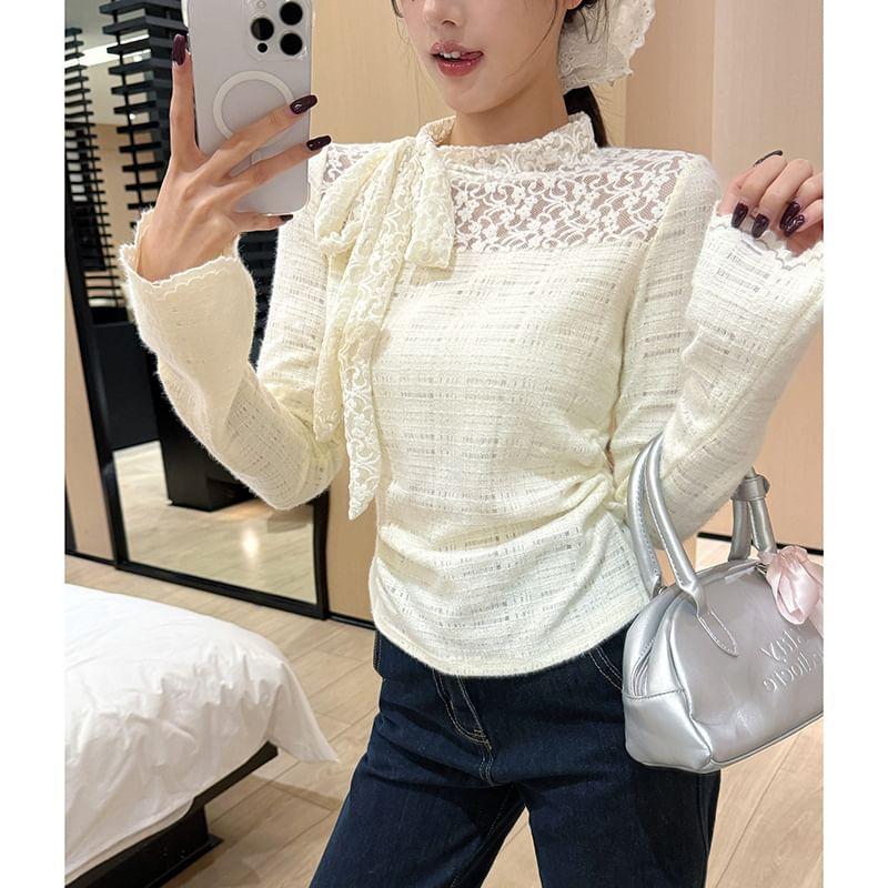 Long Sleeve Mock Neck Plain Bow Panel Lace Top Product Image