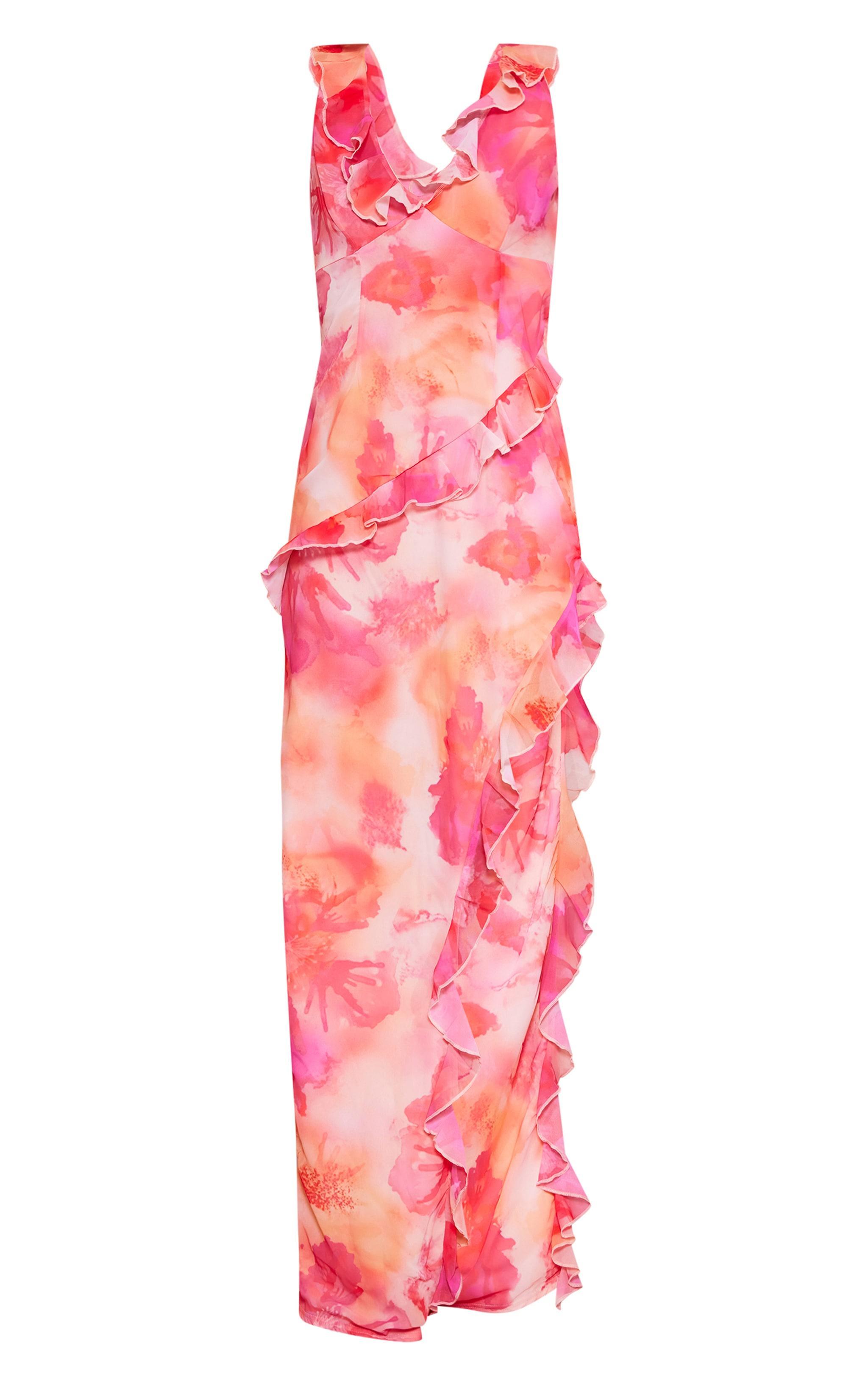 Tall Pink Floral Asymmetric Frill Split Maxi Dress Product Image