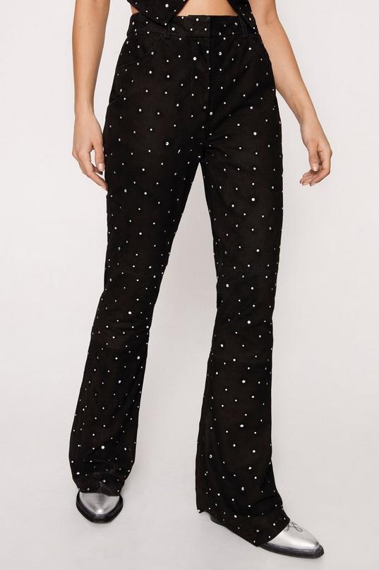 Real Suede Diamante Studded Flare Pants Product Image