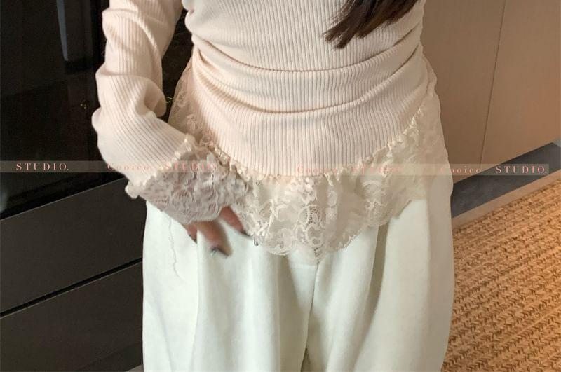 Round Neck Plain Cable Knit Button-Up Crop Cardigan / Long-Sleeve V-Neck Lace Panel Bow Accent Top Product Image