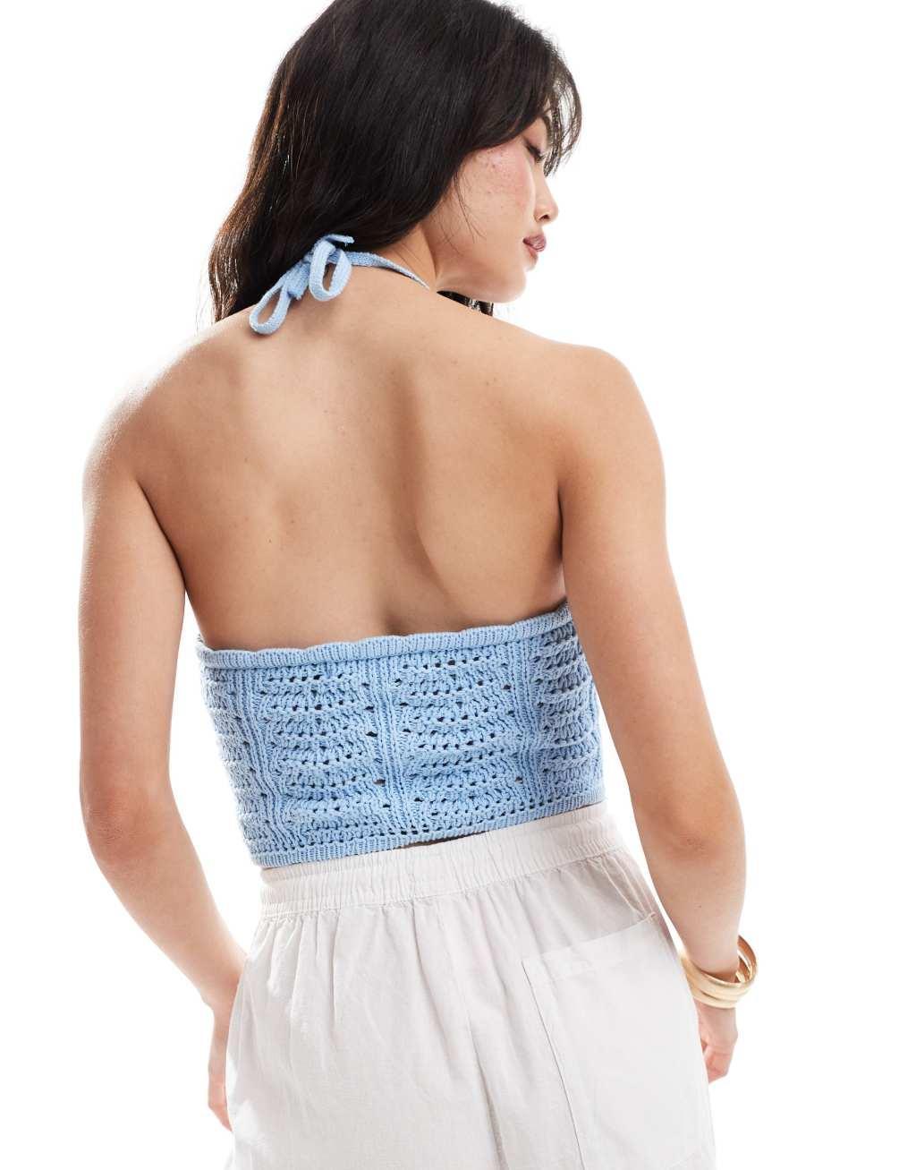 Vero Moda crochet halter top in light blue Product Image