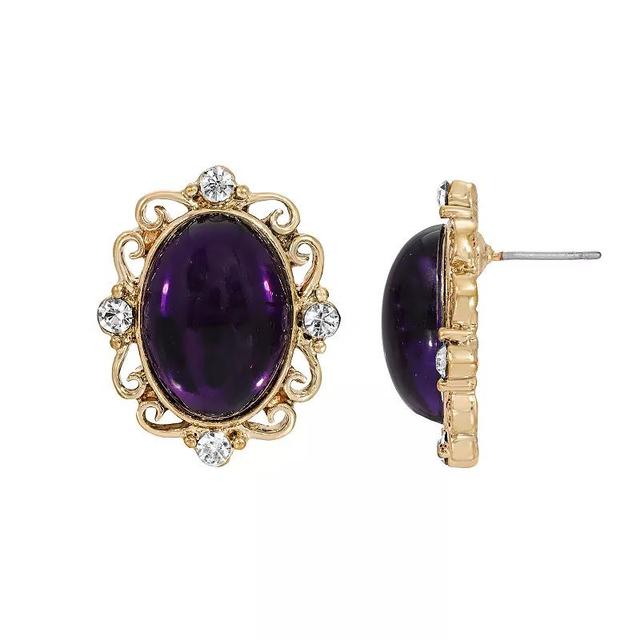 1928 Gold Tone Purple Oval Crystal Accented Button Stud Earrings, Womens Product Image