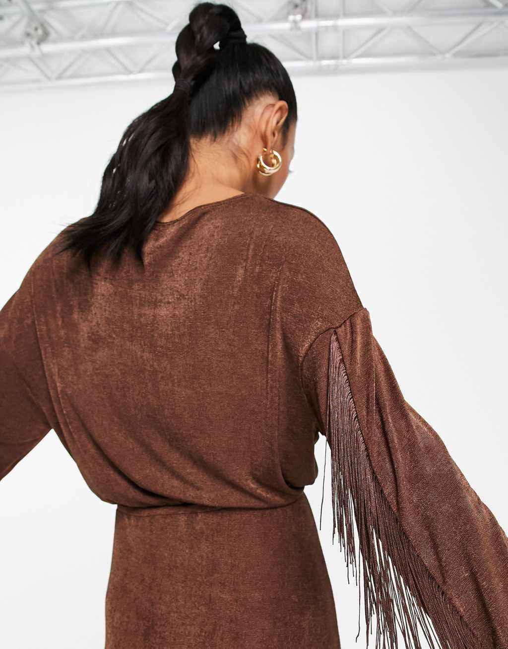 ASOS DESIGN long sleeve slinky midi dress with fringing in brown Product Image