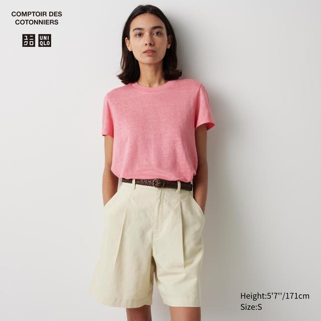 Womens Linen Crew Neck Short-Sleeve T-Shirt Pink Small UNIQLO US Product Image