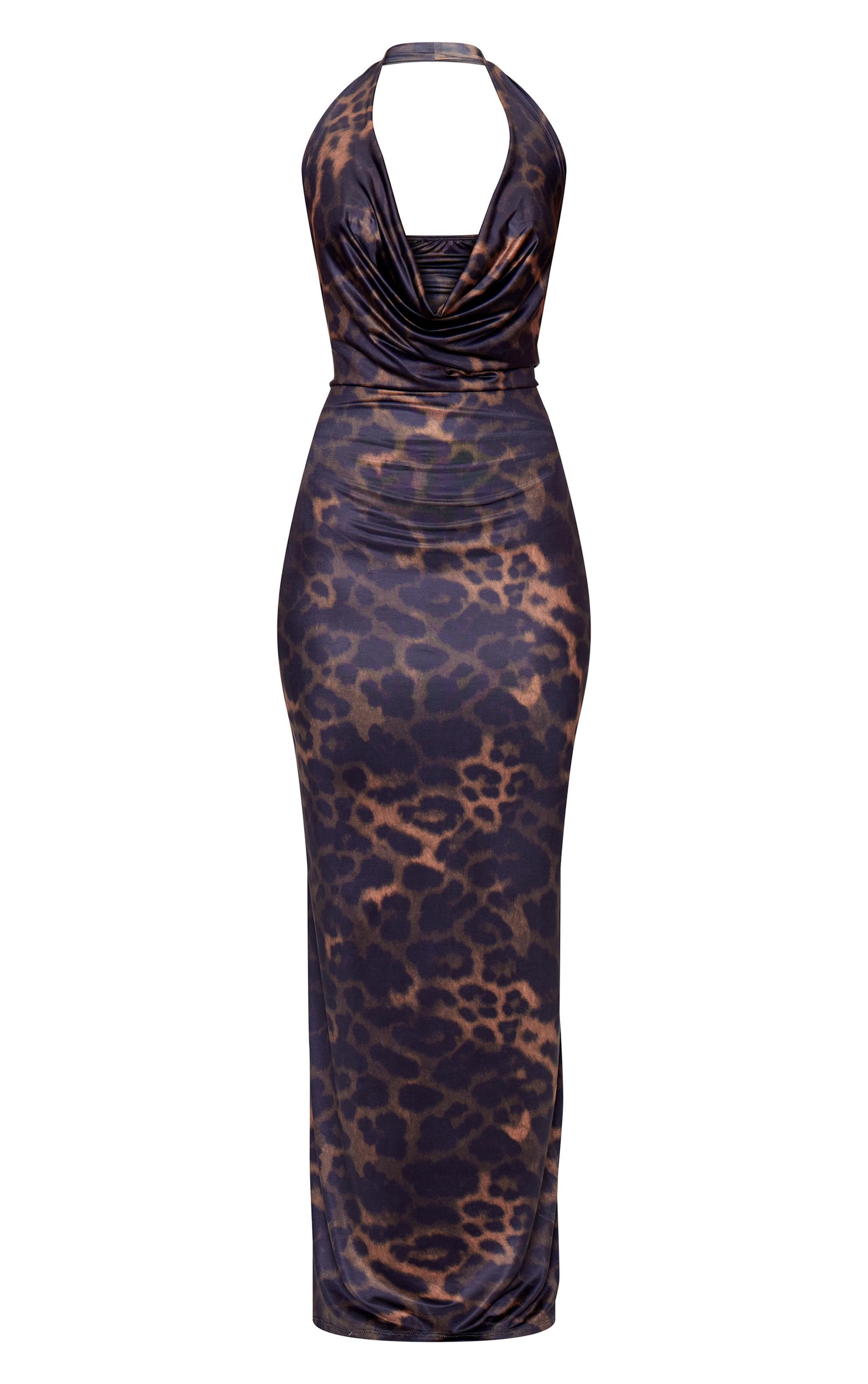 Brown Leopard Print Extreme Cowl Maxi Dress Product Image