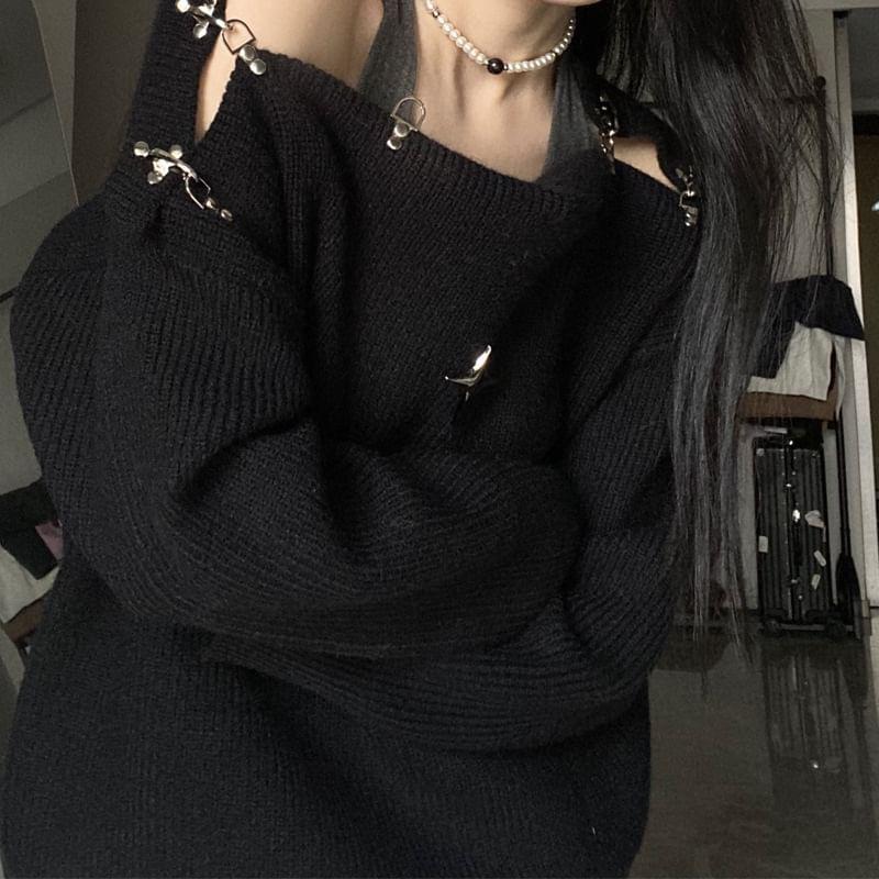 Long Sleeve Off Shoulder Star Print Oversized Sweater Product Image