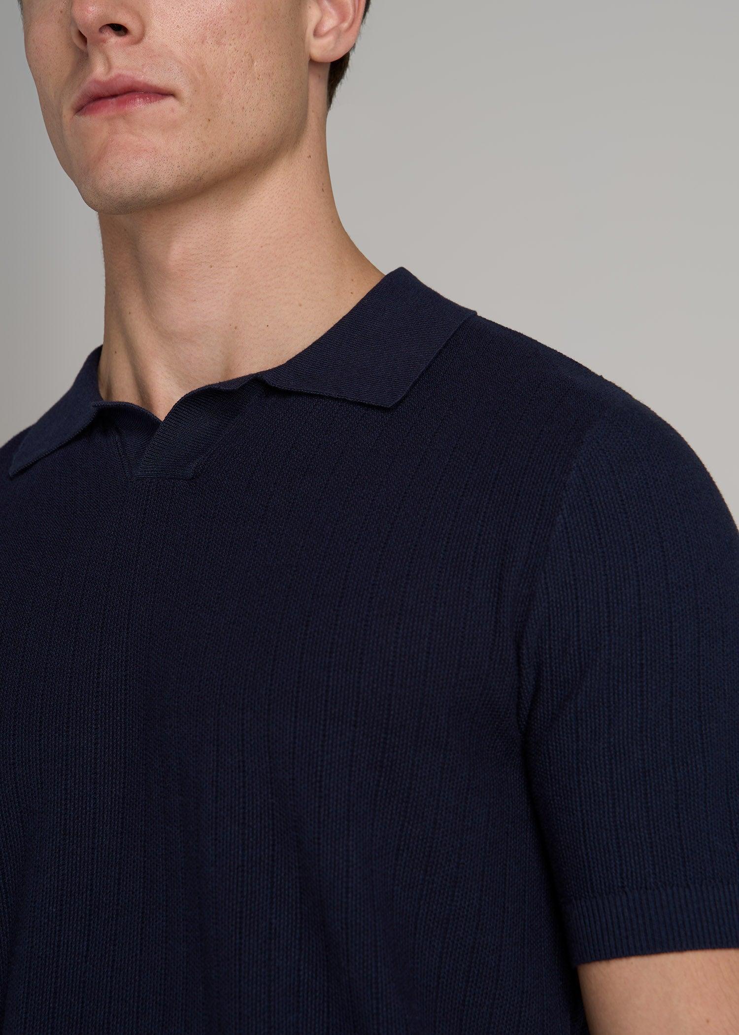 Linen Blend Ribbed Knit Polo Shirt for Tall Men in Evening Blue Male Product Image