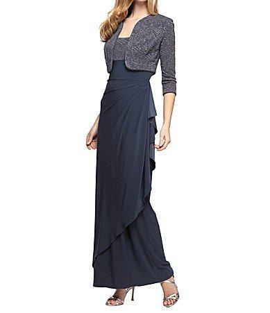 Alex Evenings Petite Size 34 Ruched Sleeve Square Neck Glitter 2-Piece Maxi Jacket Dress product image