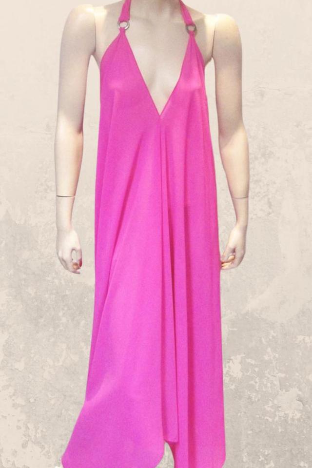 Sheer Halter Style CoverUp-Dress in Solid Hot Pink Product Image