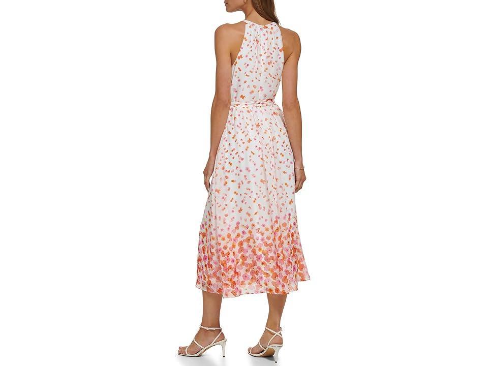 DKNY Sleeveless Halter Dress with Keyhole (Ivory/Tangerine Multi) Women's Dress Product Image