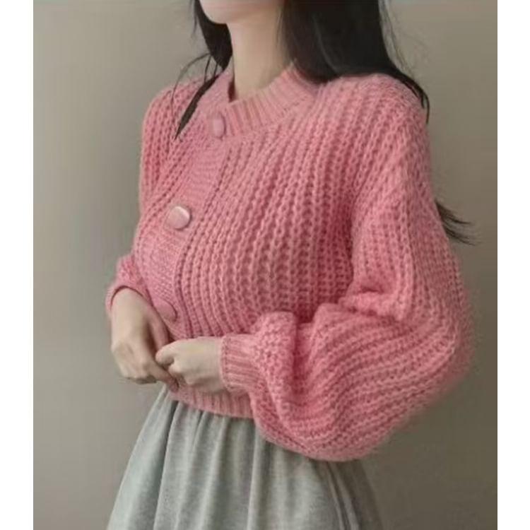 Plain Button-Up Chunky Knit Cardigan Product Image