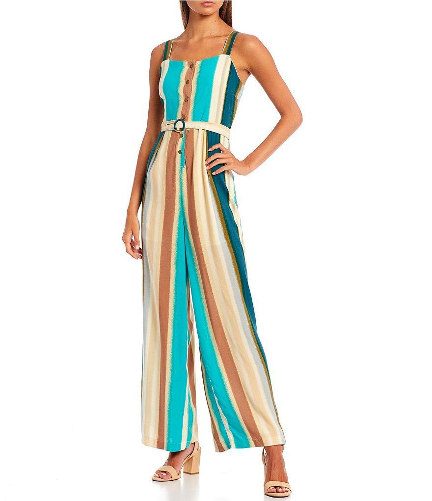 Coco + Jaimeson Sleeveless Square Neck Striped Tie Waist Jumpsuit Product Image