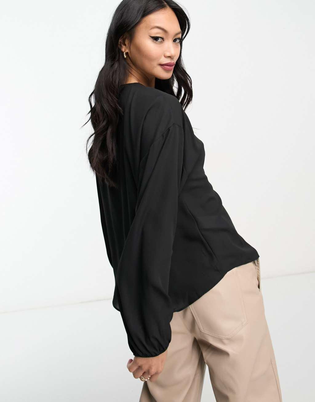 Mango lace up v neck blouse in black Product Image