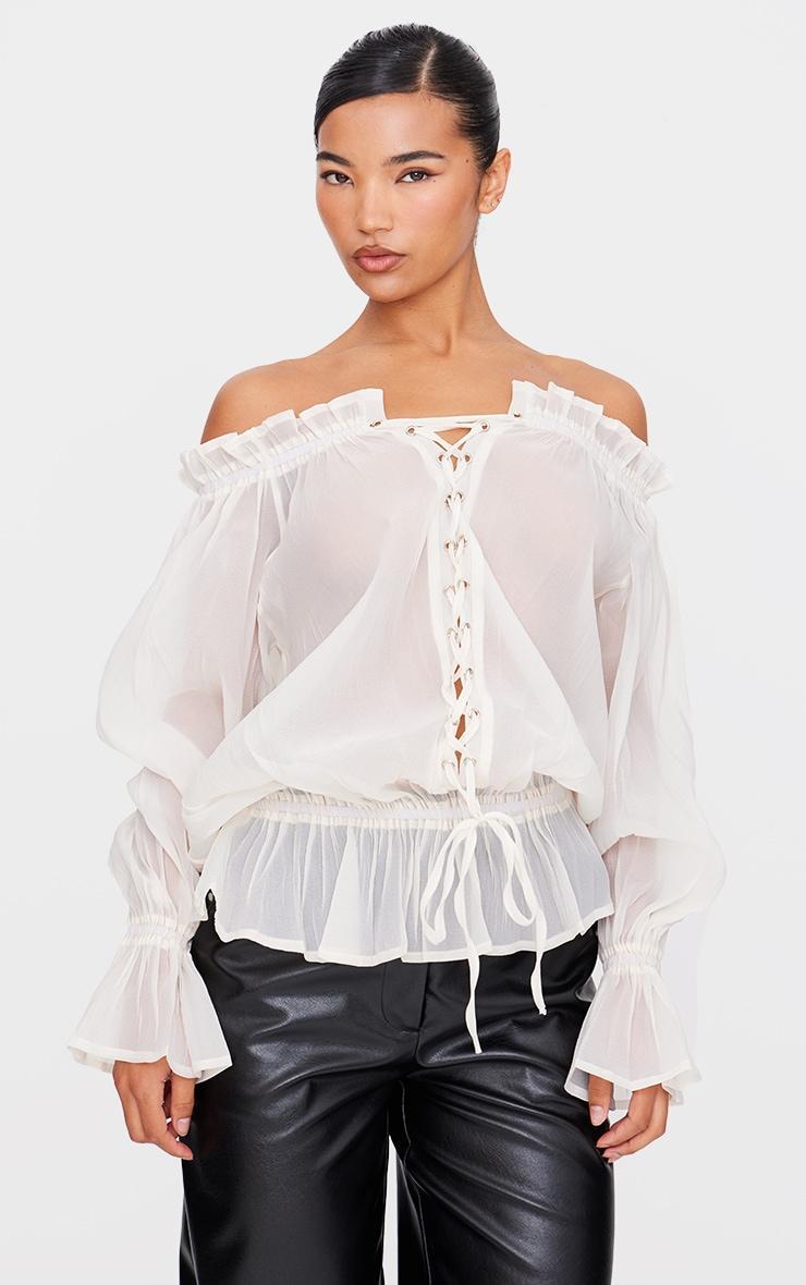 Cream Chiffon Bardot Tie Front Long Top Product Image