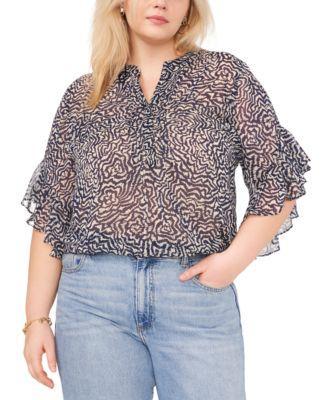 Plus Size Printed V-Neck Flutter-Sleeve Henley Top  Product Image